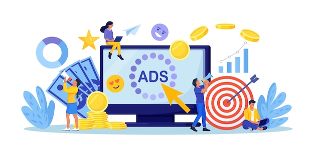 Concepto de pago por clic publicidad marketing en internet ppc negocio tecnología cpc lista patrocinada personajes parados cerca de la pantalla de la computadora con el cursor haciendo clic en el botón de anuncio búsqueda web