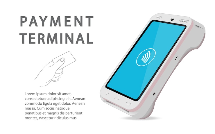 Vector el concepto de pago sin contacto con una tarjeta en la mano y un terminal pos en un diseño realista