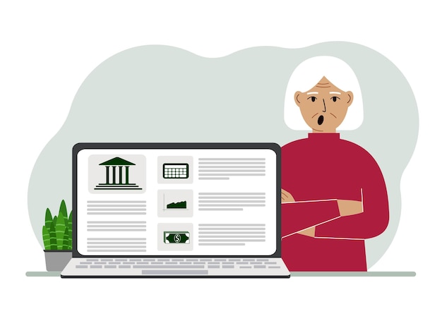 Concepto de pago de facturas depósito de dinero gestión de cuentas bancarias desde una computadora portátil o un sitio de computadora Abuela con una computadora portátil y un sitio web del banco