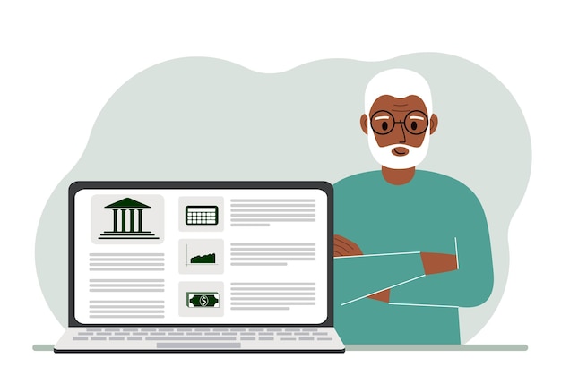 Concepto de pago de facturas depósito de dinero gestión de cuentas bancarias desde una computadora portátil o un sitio de computadora Abuelo con una computadora portátil y un sitio web del banco