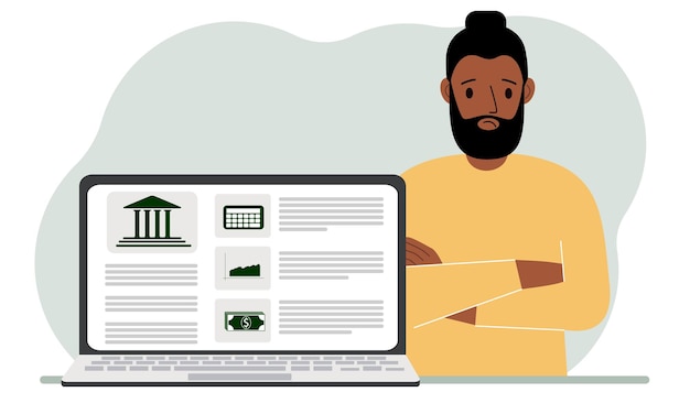 Concepto de pago de facturas depósito de dinero gestión de cuentas bancarias desde una computadora portátil o un sitio de computadora Hombre con una computadora portátil y un sitio web del banco