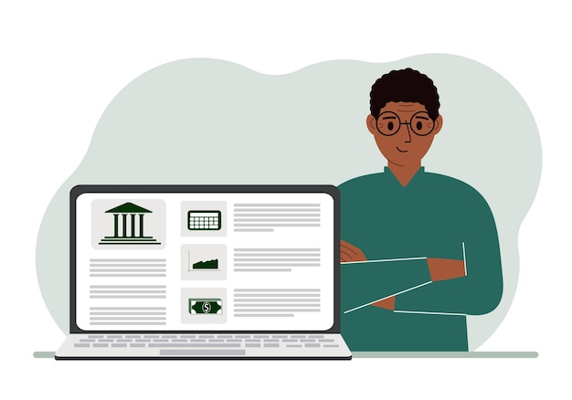 Concepto de pago de facturas depósito de dinero gestión de cuentas bancarias desde una computadora portátil o un sitio de computadora Hombre con una computadora portátil y un sitio web del banco