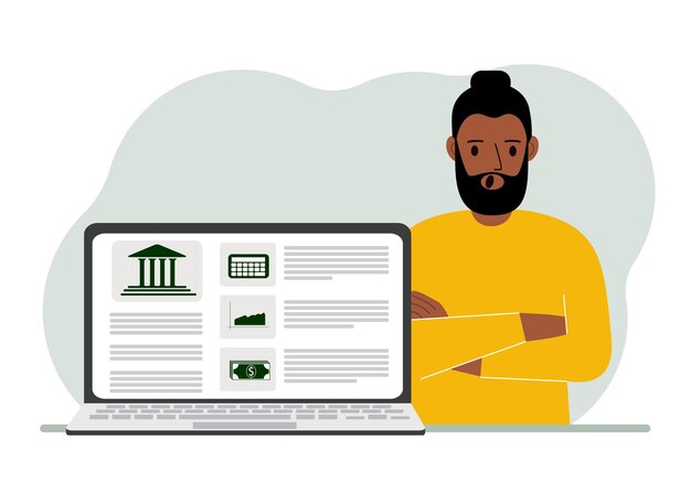 Concepto de pago de facturas depósito de dinero gestión de cuentas bancarias desde una computadora portátil o un sitio de computadora Hombre con una computadora portátil y un sitio web del banco