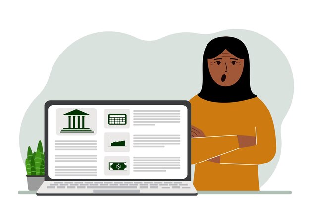 Concepto de pago de facturas depósito de dinero gestión de cuentas bancarias desde una computadora portátil o un sitio de computadora Mujer árabe con una computadora portátil y un sitio web del banco