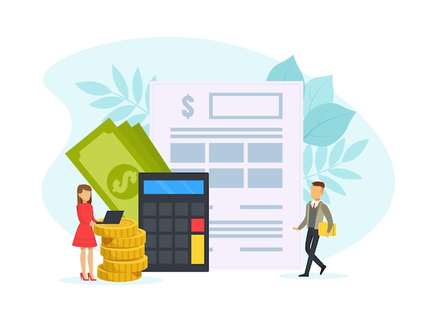 Concepto de pago de impuestos Pequeños empresarios que calculan el documento para los impuestos Ilustración de vector plano