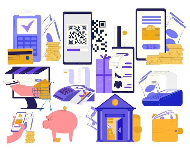 Concepto de pago en línea, aislado en la ilustración de vector de conjunto blanco, monedas de dinero, aplicación de banco de Internet, tarjeta de visita y terminal.