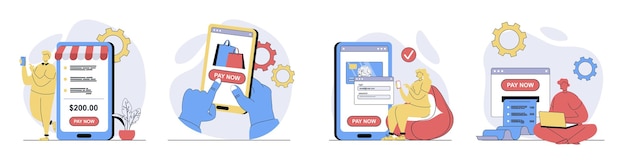 Concepto de pago en línea establecido en diseño plano para la web Colección con personas que obtienen formularios de facturas digitales en sceen y pagan por compras haciendo transacciones financieras en aplicaciones móviles Ilustraciones vectoriales