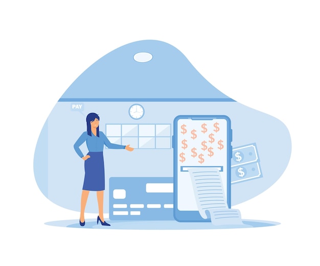 Concepto de pago en línea Facturación digital mujer pagando facturas en línea vector plano ilustración moderna