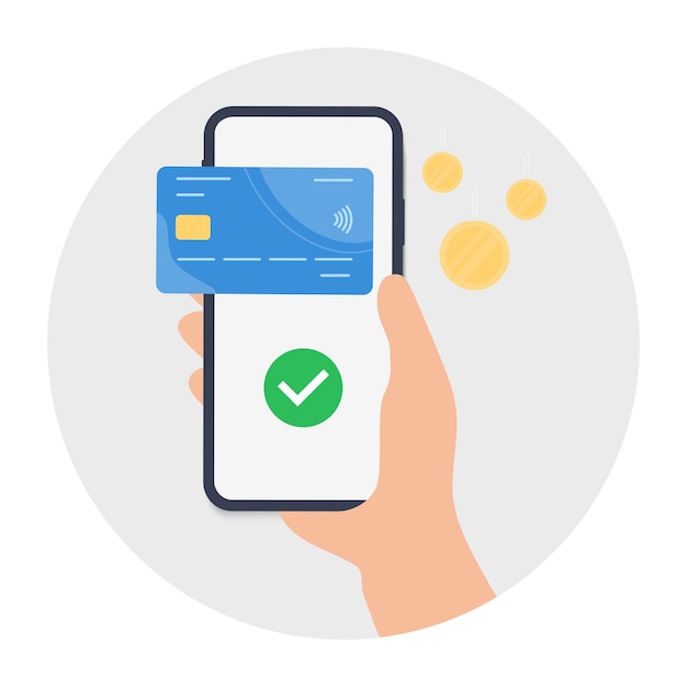 Vector concepto de pago en línea la mano sostiene un teléfono inteligente en el que está abierta la aplicación con pago transferencia de dinero exitosa banca en línea ilustración vectorial