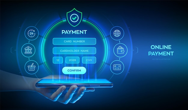 Concepto de pago en línea Tecnología digital de banca en línea Pago en línea a través de una aplicación bancaria utilizando un teléfono inteligente Compras en línea Transacción financiera Smartphone en la mano Ilustración vectorial