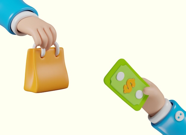 Concepto de pago por las mercancías Comprador que da dinero para la compra