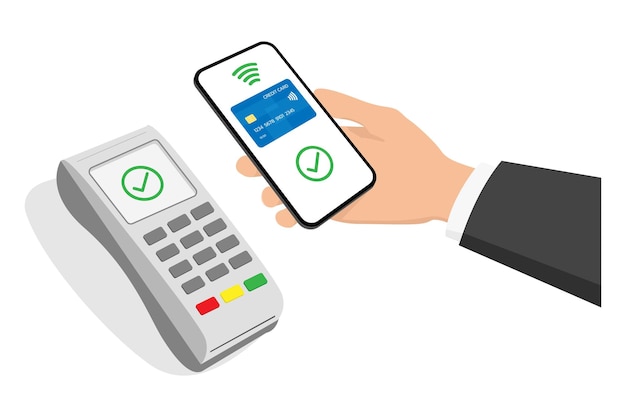Concepto de pago móvil en el terminal de pago sin contacto Ilustración vectorial plana