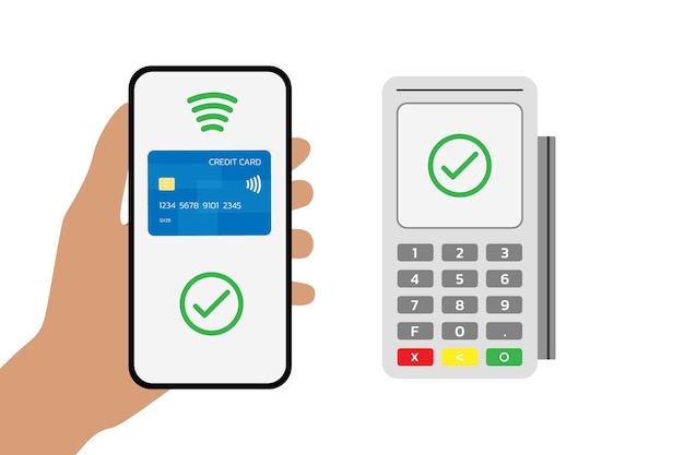 Concepto de pago móvil en el terminal de pago sin contacto Ilustración vectorial plana