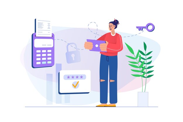 Concepto de pago seguro con escena de personas en diseño plano Mujer paga factura electrónica