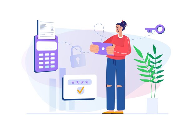 Concepto de pago seguro con escena de personas en diseño plano mujer paga factura electrónica
