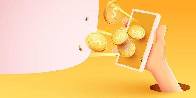 Concepto de pagos en línea con dibujos animados 3D teléfono de mano y moneda Negocios y dinero Ganancias en línea Ilustración vectorial