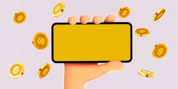 Concepto de pagos en línea con teléfono de mano de dibujos animados d y negocios de monedas y ganancias de dinero en línea