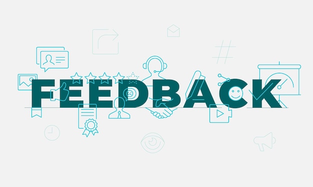 Concepto de palabra de retroalimentación. Compromiso de los empleados. La satisfacción del cliente. Idea de tipografía de letras aisladas con iconos de línea. Revisión y consejos Banner de ilustración de contorno vectorial