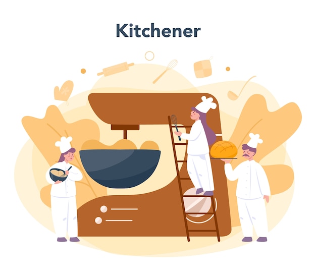 Concepto de panadería y panadería. Chef en el pan de hornear uniforme. Proceso de repostería. Ilustración de vector aislado en estilo de dibujos animados