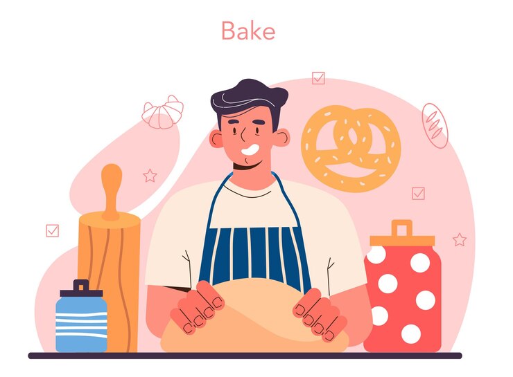 Vector concepto de panadero. chef en el pan de hornear uniforme. proceso de repostería. trabajador de panadería cocinando productos de pastelería. ilustración de vector aislado