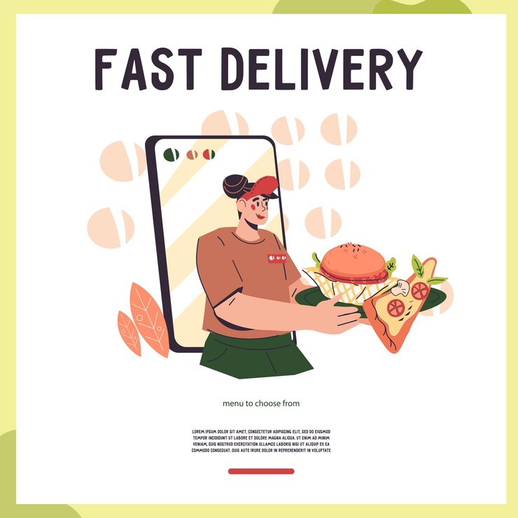 Vector concepto de pancarta o afiche de comidas preparadas de entrega rápida pedidos de comida en línea y plantilla de pancarta de restaurante para llevar ilustración vectorial plana
