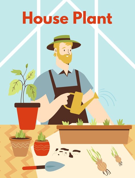 Concepto de pancarta o afiche de la jungla urbana con el hombre plantando plantas comestibles y decorativas ilustración vectorial plana Jardín de la casa y decoración verde de moda del interior