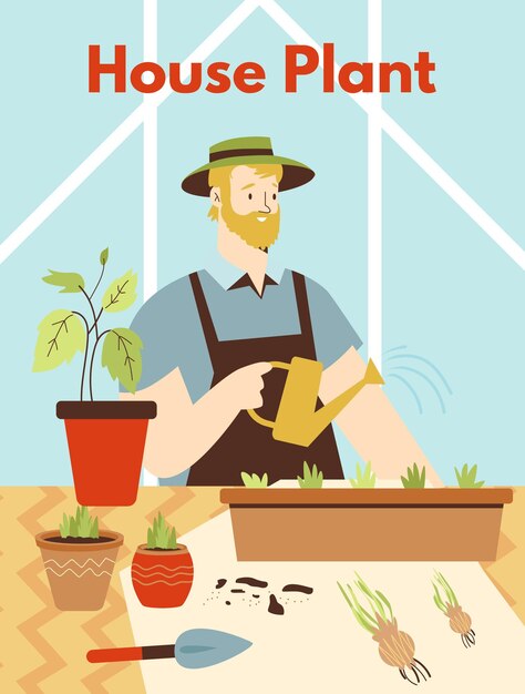 Concepto de pancarta o afiche de la jungla urbana con el hombre plantando plantas comestibles y decorativas ilustración vectorial plana jardín de la casa y decoración verde de moda del interior