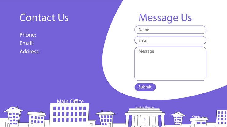 Vector concepto de pantalla de contacto para sitio web con silueta de ciudad de dibujos animados forma de envío de mensajes plantillas azules vectoriales para diseño de sitio web ui ux gui eps 10