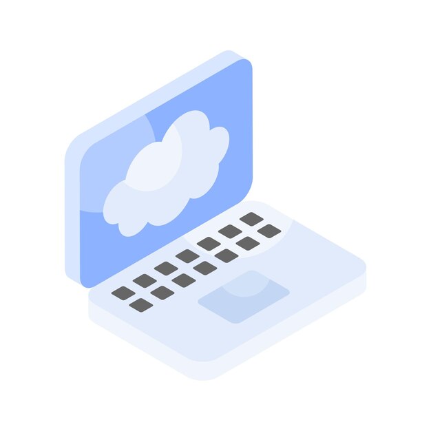 El concepto de pantalla de la nube dentro de la computadora portátil es un icono isométrico de la computación en la nube