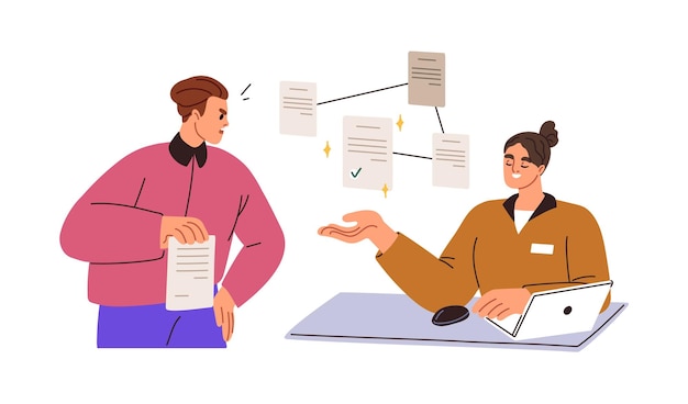 Concepto de papeleo burocrático Presentación de documentos a la autoridad Consultoría oficial del trabajador que explica cómo aplicar dar aplicación Ilustración vectorial gráfica plana aislada sobre fondo blanco