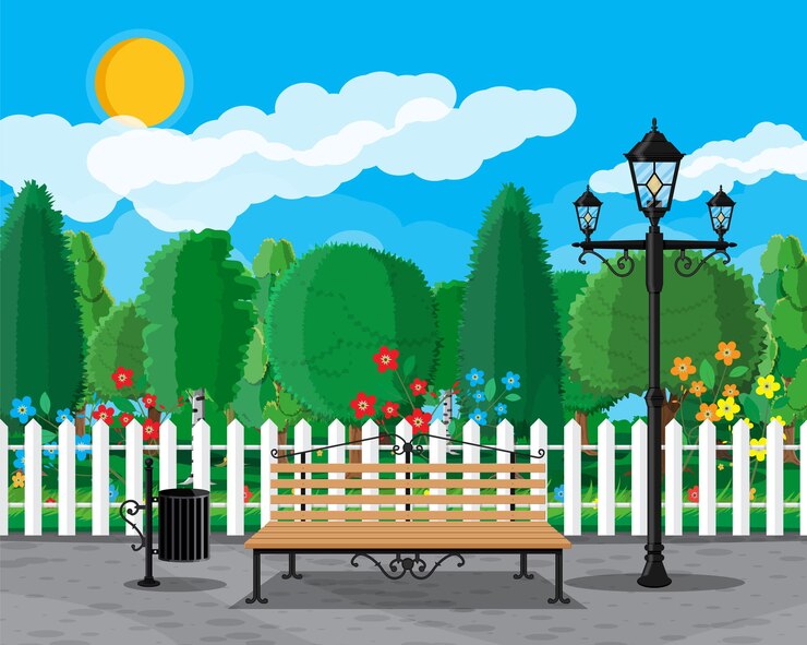 Vector concepto de parque de la ciudad, banco de madera, farola, papelera en plaza y árboles.