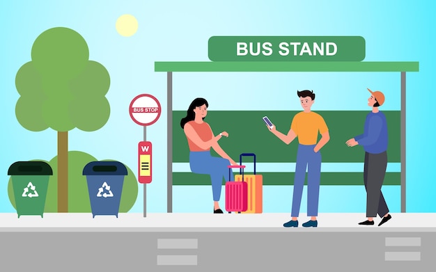 Concepto de pasajeros parados en la estación de autobuses y esperando el transporte