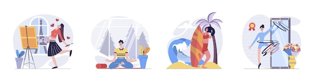 Concepto de pasatiempo con personas escenas ambientadas en diseño web plano Colección de situaciones de personajes con hombre y mujer pintura arte meditación surf y entrenamiento de gimnasia Ilustraciones vectoriales