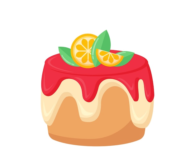 Concepto de pastel dulce Postre y manjar para vacaciones y festival Bollo en mermelada y glaseado con rodajas de limón Producto de panadería y pastelería Ilustración de vector plano de dibujos animados aislado sobre fondo blanco