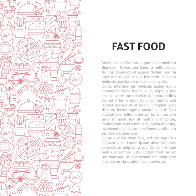 Concepto de patrón de línea de comida rápida. Ilustración de vector de diseño de esquema.