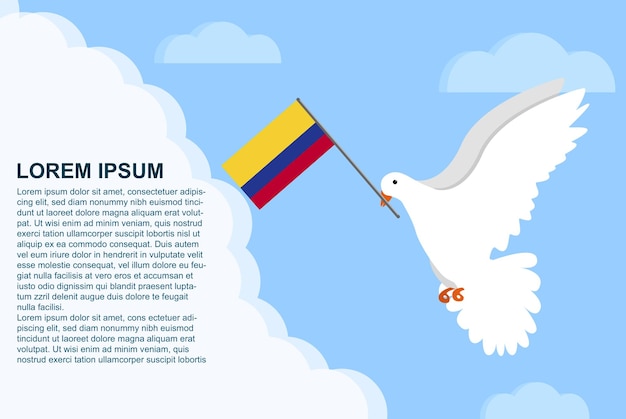 Concepto de paz de colombia con área de texto, pájaro paloma de la paz con bandera de colombia, plantilla del día de la paz