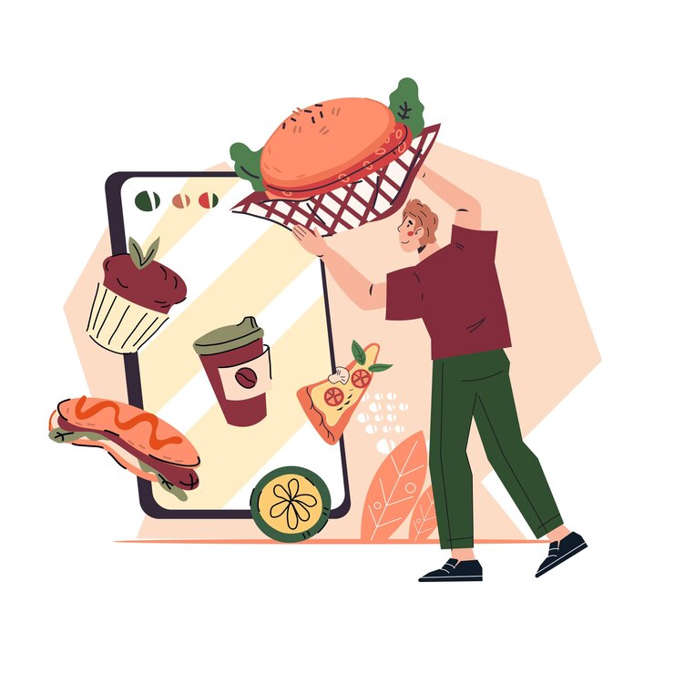 Vector concepto de pedido de comida en línea para aplicación móvil ilustración vectorial de banner