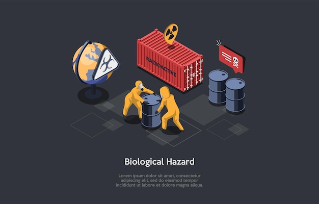 Concepto de peligro y arma biológica científicos de laboratorio en uniforme protector barriles móviles con icono de radiación nuclear de fluido peligroso y signo tóxico dibujos animados isométricos 3d vector ilustración