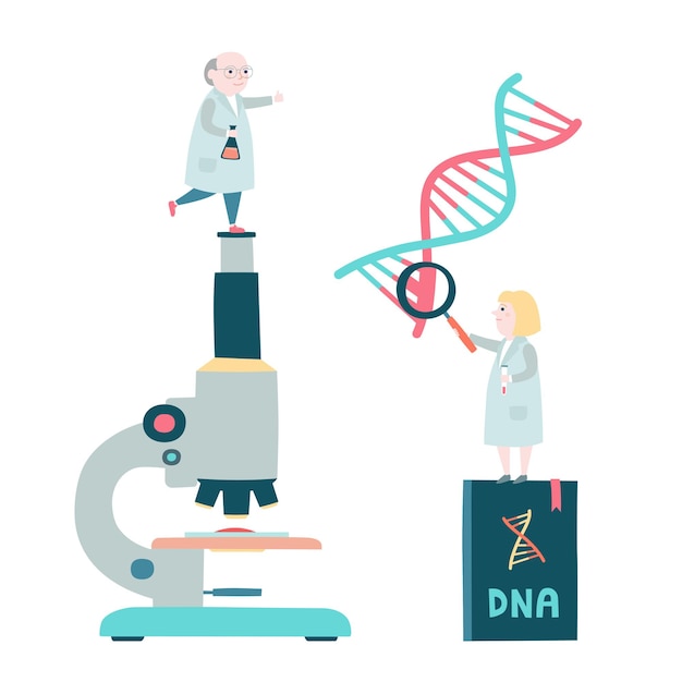 Concepto de pequeños científicos. Microscop, estructura del ADN, secuenciación del genoma. ilustración vectorial