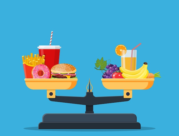 Concepto de pérdida de peso, estilos de vida saludables, dieta, nutrición adecuada. Verduras y comida rápida en escalas.
