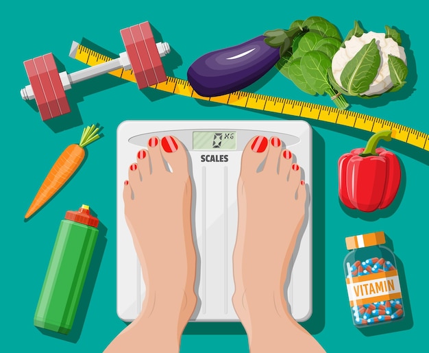 Concepto de pérdida de peso. Iconos de comida y deporte saludables. Actividad y estilo de vida de nutrición y fitness. Pies de mujer en básculas de baño. Verduras, vitamina, mancuerna, cinta métrica. Vector de estilo plano