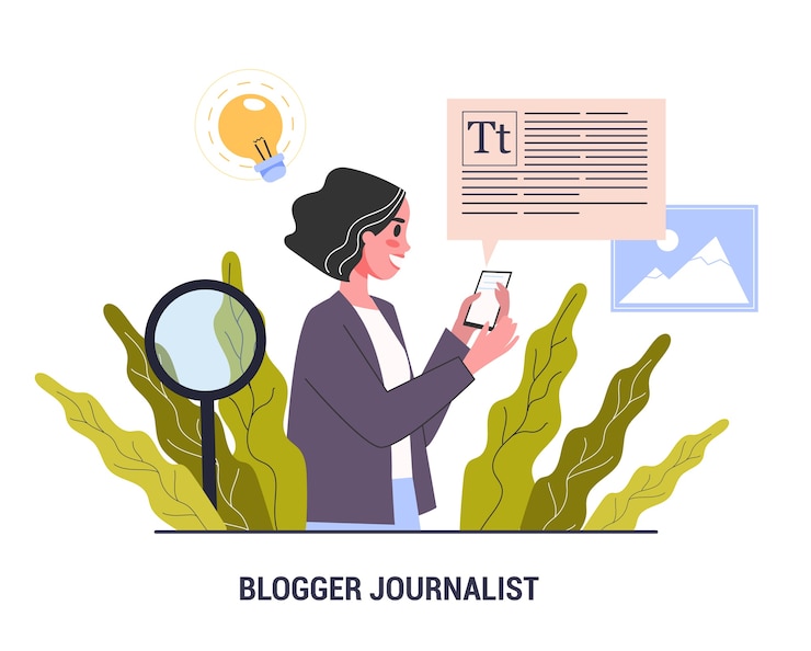 Vector concepto de periodista blogger. profesión de los medios de comunicación. mujer comparte contenido en internet. idea de redes sociales y comunicación y popularidad. ilustración