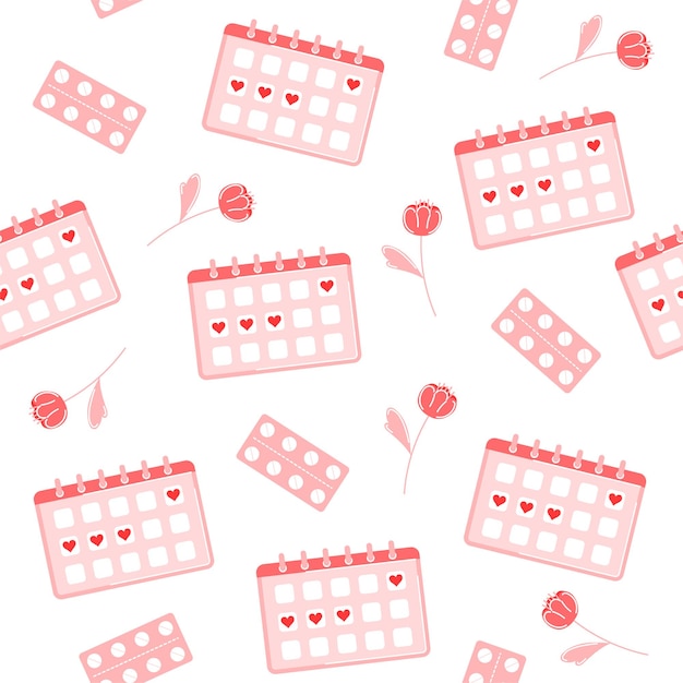 Concepto de período menstrual Patrón sin costuras con píldoras de calendario y flor Período de desperdicio cero