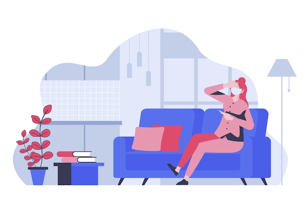 Concepto de permanecer en casa con personas de dibujos animados en diseño plano para la web Mujer con máscara médica con síntomas de enfermedad habitación para cuarentena Ilustración vectorial para material de marketing de banner de redes sociales