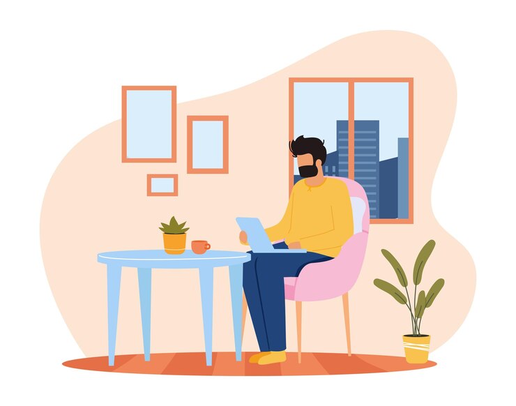 Vector concepto de persona trabajadora independiente empresaria sentada en un sillón con computadora portátil y teléfono inteligente personaje femenino