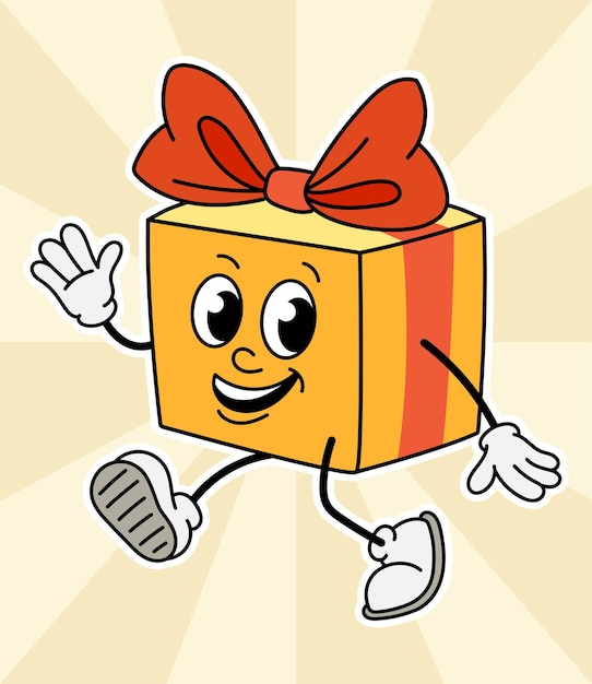 Concepto de personaje de Navidad caja de regalo amarilla con piernas y manos símbolo retro de las vacaciones y