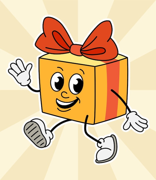 Vector concepto de personaje de navidad caja de regalo amarilla con piernas y manos símbolo retro de las vacaciones y