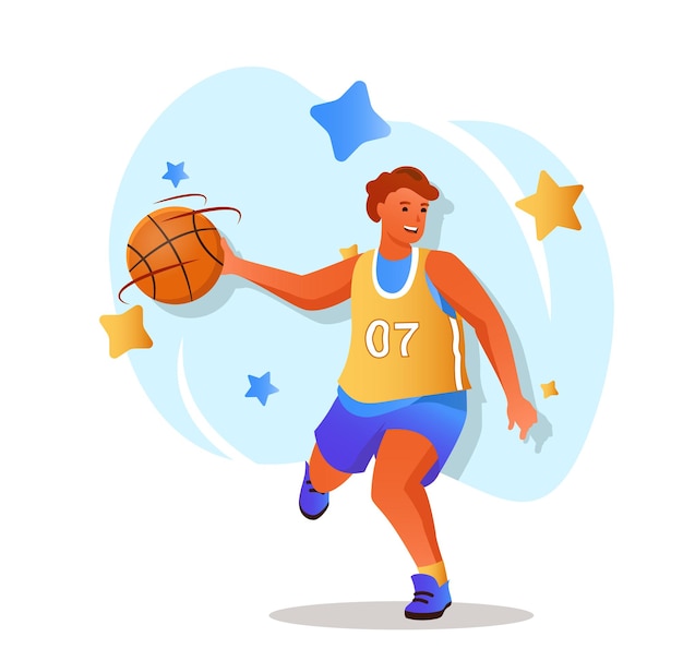 Concepto de personaje plano de jugador de baloncesto para diseño web Hombre en uniforme deportivo corre con pelota