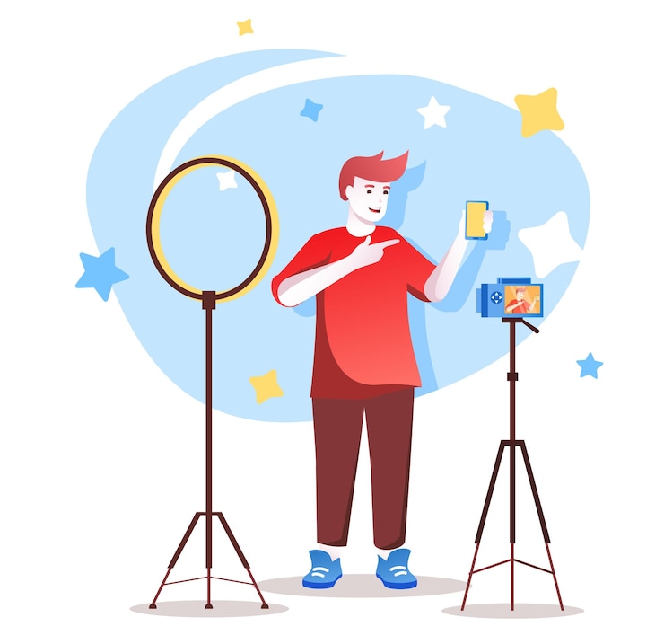 Vector concepto de personaje plano de video blogger para diseño web hombre feliz grabando revisión de video de móvil