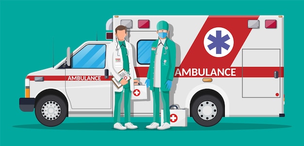 concepto de personal de ambulancia. médico en bata blanca con estetoscopio y estuche. coche de ambulancia, emergencia